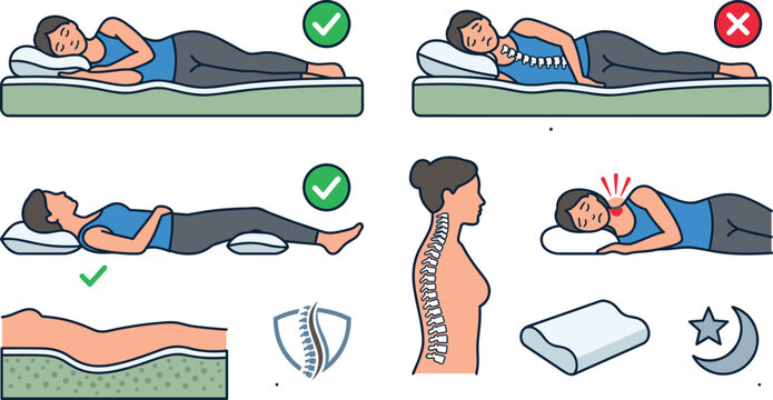Correct and Incorrect Sleeping Position Infographic Featuring Spinal Alignment, Orthopedic Pillow Support, and Ergonomic Sleep Postures for Neck and Back Pain Relief Vector Designs