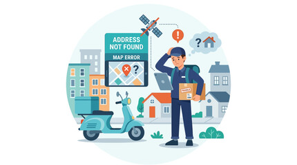 Naklejka premium Confused delivery man searches for address in a city with a scooter