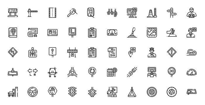 Driving School Car Lesson Traffic Road Icon Set