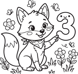 Fototapeta premium Cute fox kit vector illustration pointing at number three with butterflies and flowers, Generative Ai