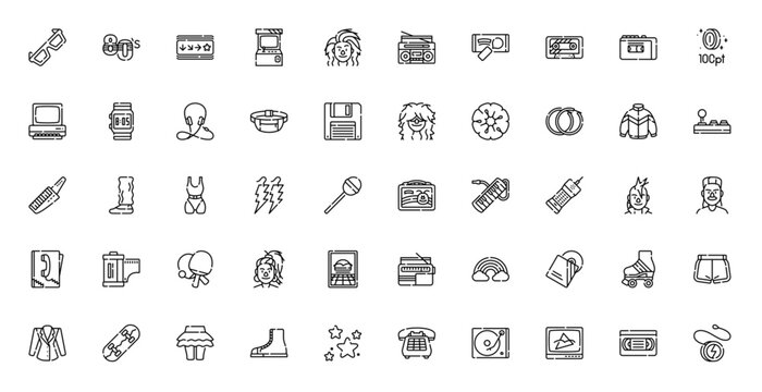 Eighties Retro 80s Vintage Nostalgia Icon Set