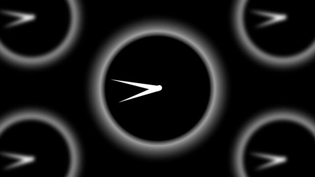 Abstract clock animation featuring white hands spinning rapidly against black circular patterns