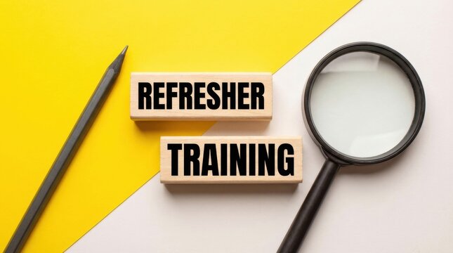 Refresher training concept with magnifying glass pencil and wooden blocks on yellow background