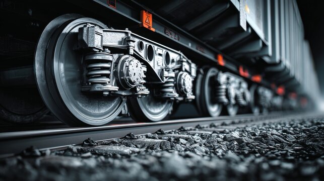 Close-Up View of Freight Train Wheels on Rails Capturing Industrial Design and Engineering Innovation in Motion