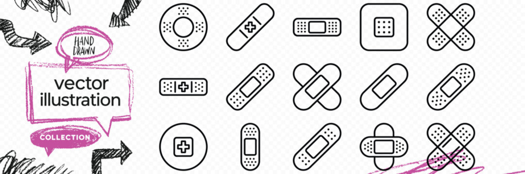 Line art outline vector icon set of medical plaster bandage first aid injury treatment and healthcare protection