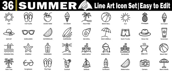 Summer line art icon set. Featuring tropical beach holiday vacation elements and outdoor leisure accessories for travel design. © Logo Solution