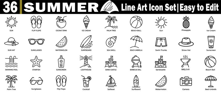 Summer line art icon set. Featuring tropical beach holiday vacation elements and outdoor leisure accessories for travel design.