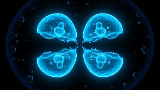 Blue cell division process showing microscopic organism splitting on dark background