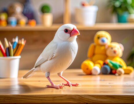 White Java Sparrow Attention Lock Phase on Family Wooden Desk with Children&rsquo;s Items, Natural Indoor Light Domestic Lifestyle Observation Scene for Stock Photography