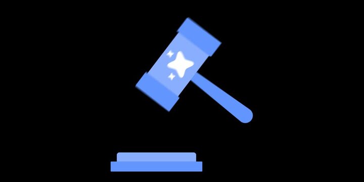 Legal gavel with integrated AI spark symbol. Artificial intelligence governance and regulatory technology concept scene. Ethics and compliance graphic. Subtle impact motion animation.