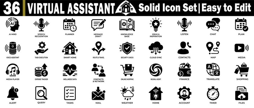Virtual assistant solid icons set. Technology and communication concepts great for web and apps.