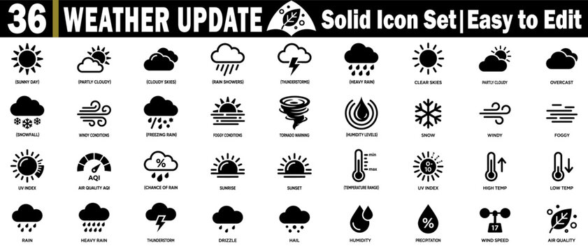 Weather update solid icons set. Easy-to-edit climate and forecast concepts are great for meteorology and apps.