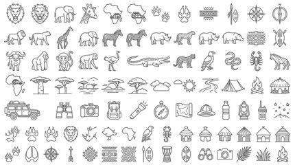 African Safari Icons Set: Wildlife, Landscape, and Adventure Elements © Arum