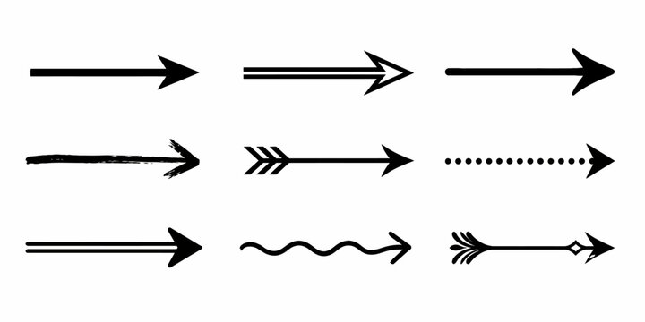 Diverse collection of nine black arrow with various styles and