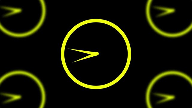Dynamic motion graphic clock faces ticking at different speeds on black background