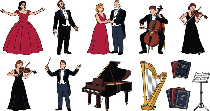 Classical Music and Opera Performance Set Featuring Opera Singers, Conductor, Orchestral Musicians with Violin, Cello, Piano, and Harp for Concert Arts and Theatre Design