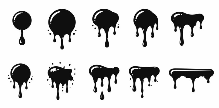 Ten black and white dripping liquid or ink blot in various amorphous shapes