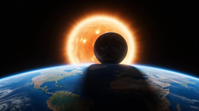 Solar Eclipse Seen from Space Perspective with Darkened Earth Horizon and Cosmic Light Effect