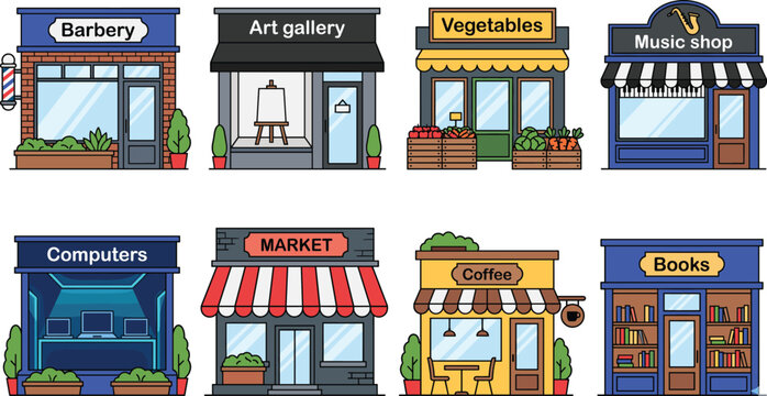 Flat Vector Collection of Various Local Business Storefronts Including Barbershop Art Gallery Vegetable Market Music Shop Computer Store Coffee Cafe and Bookstore for Urban City Design