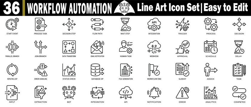 Workflow automation line art icon set. Thirty-six linear symbols showing business process, mapping tasks, data flows, and more.