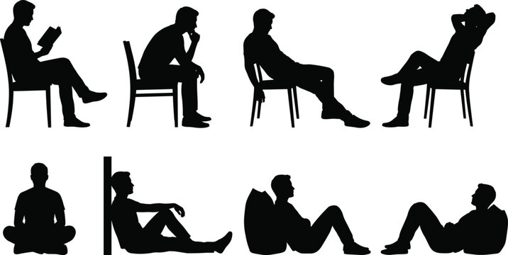Men Sitting in Different Relaxed Poses Silhouette Collection for Reading, Thinking, Meditation, and Resting Concepts.