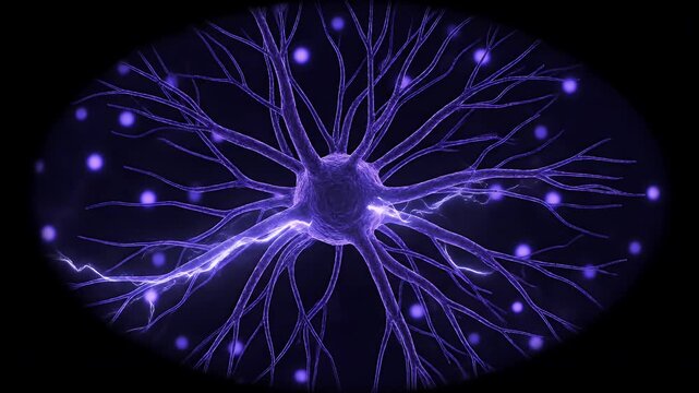 Purple neuron cell with electrical impulses firing through dendrites in human brains