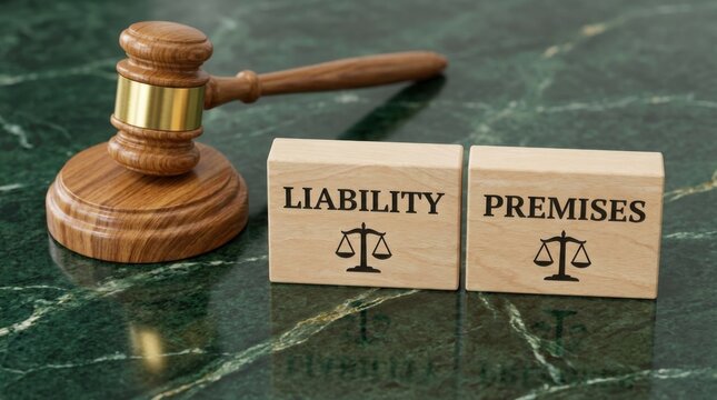 Wooden gavel and blocks with text liability and premises representing legal judgment and property law concepts on a glossy dark