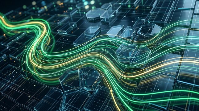 Advanced digital data flow with glowing light streams traveling through complex glass modular grid.