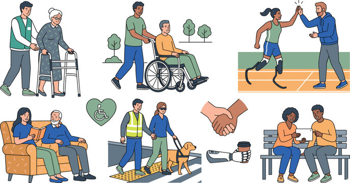 Diverse Community Care and Social Inclusion Set Featuring Elderly Support, Disability Assistance, Guide Dogs, and Adaptive Sports for Healthcare and NGO Service Vector Designs