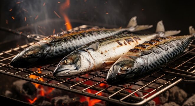 Fresh mackerel fish grilling over open fire flames on a metal grate.