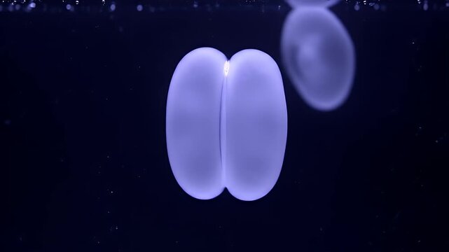 blue underwater vortex rings merging and floating in dark water with a glowing effect