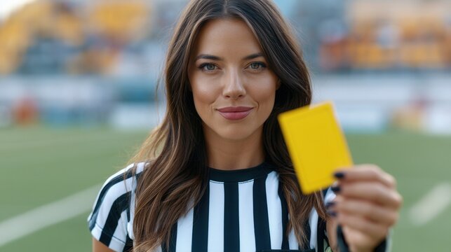Beautiful female referee showing a yellow card on a football pitch.