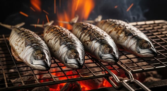 Mackerel fish grilling on open fire charcoal barbecue grill outdoor.