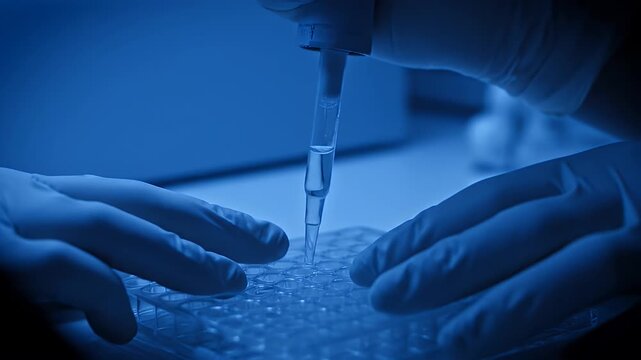 Scientific research pipette dropping liquid into a microplate in a blue lab facility
