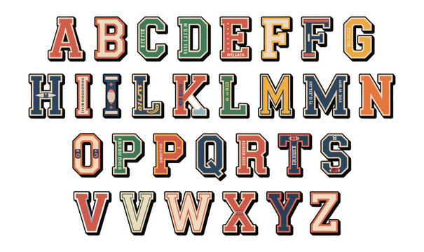 Vintage Varsity Alphabet Letters Vector Set for College Sports Branding and T-shirt Apparel Design