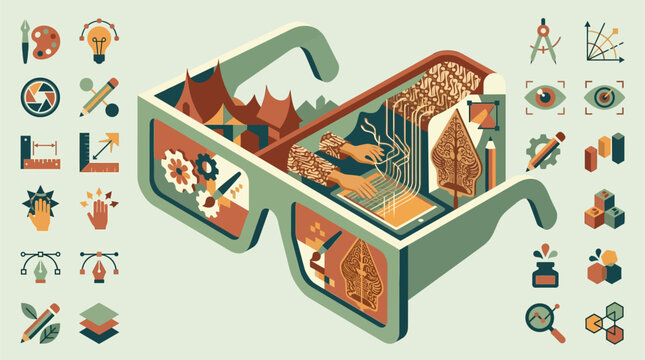 Modern isometric flat vector illustration of eyeglasses containing Indonesian batik and wayang kulit motifs integrated with digital creative technology tools and icons.