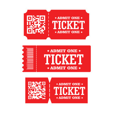 Red admit one ticket templates set with QR codes and barcode vector illustration isolated on white background