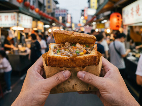 coffin bread sandwich hands wrapped brown paper market stall