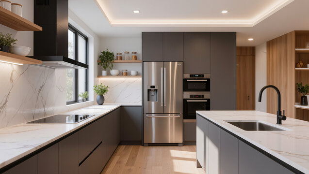 Spacious Modern Kitchen Interior with Stainless Steel Appliances and Marble Counters