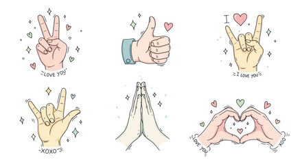 Fototapeta premium Hand Gestures Collection: Love, Peace, Thanks, Prayer, Rock On, Heart Symbol