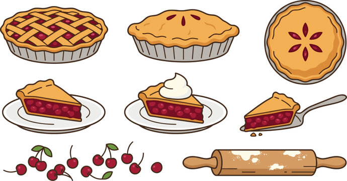 Fresh Baked Cherry Pie Collection Featuring Lattice Crust, Slices on Plates with Whipped Cream, Whole Tart, Rolling Pin, and Fresh Red Cherries for Bakery Menu and Homemade Dessert Designs