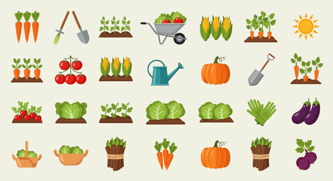 Collection of Garden Vegetables and Farming Tools Icons.