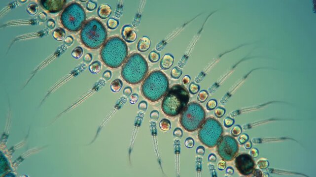 Microscopic view of vibrant cyanobacteria colonies exhibiting pulsating motion with characteristic spirilla filaments, symbolizing cellular life