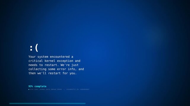 Computer screen displaying a blue background with a blue error message and a sad emoticon, indicating a system crash or failure