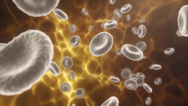 Cinematic microscopic view of healthy red blood cells flowing through a vibrant vascular system with undulating golden fluid, symbolizing life