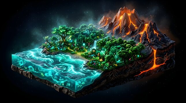 Intricate 3D GIS Terrain model of a fantasy floating island, showcasing a fiery volcano and glowing waters, ideal for DEM and DSM data visualizations