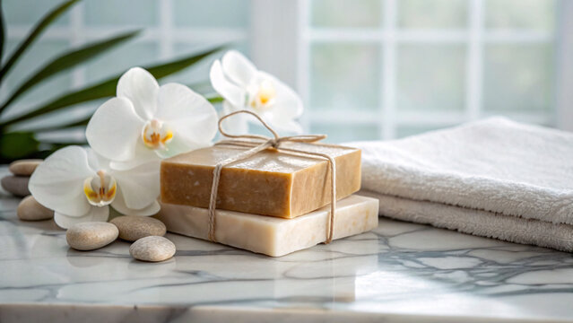 A serene spa still life featuring handmade natural soap, rolled white towels, and a fresh flower for a relaxing wellness bath treatment