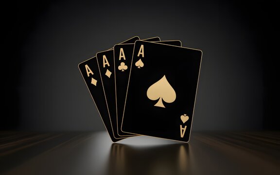 Four black playing cards with gold aces standing upright on a dark surface with spotlight