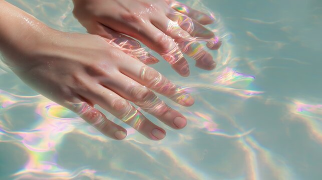 Hands under water with iridescent rainbow reflection