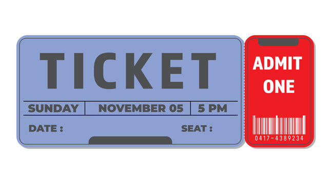 Event ticket template with admit one stub barcode date and seat details vector illustration isolated on white